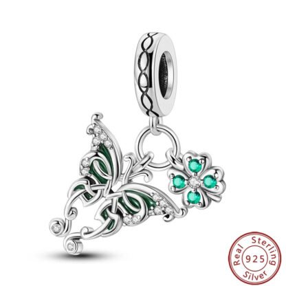 Silver Green Butterfly and Lucky Clover Charm
