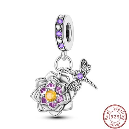 Silver Ornate Purple Flower and Dragonfly Charm