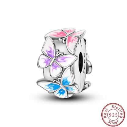 Silver Blue Pink Purple Butterflies Cluster Charm