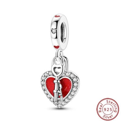 Silver Key Red Heart Lock Love Charm