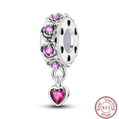 Silver Pink Roses and Heart Gem Charm