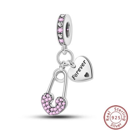 Silver Pink Minimalist Lock Forever Heart Charm