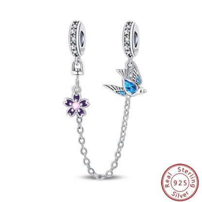 Blue Bird Pink Cherry Blossom Chain Charm