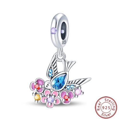 Silver Blue Bird Pink Flowers Landing Charm