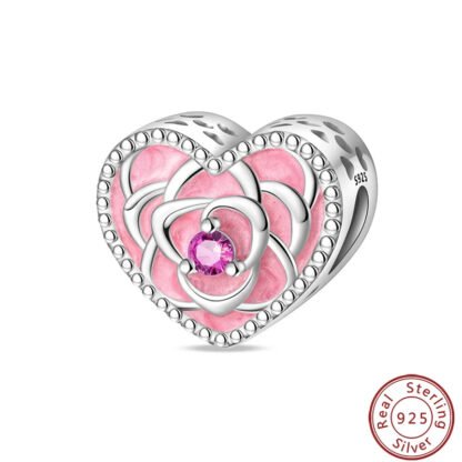 Silver Pink Flower Petals Heart Charm