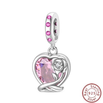 Silver Rose Vine Heart Pink Gem Charm