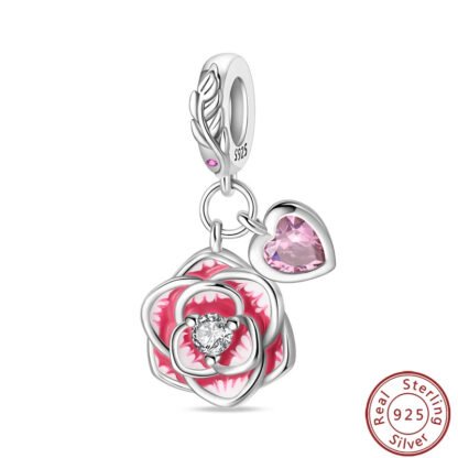 Silver Red Pink Multilayered Flower Petals Heart Charm