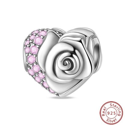 Silver Rose Heart Pink Gems Charm