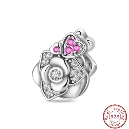 Silver Layered Rose Small Heart Pink Gems Charm