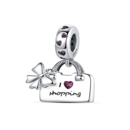 Silver Shopping Bow Bag Pink Heart Gems Charm