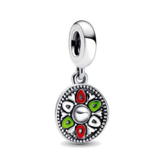 Silver Disk Red Green Patterns Decorated Charm