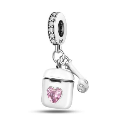 Silver EarPods Pink Gem Heart Technology Charm