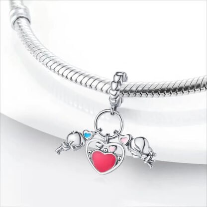 Silver Chibi Couple Love Red Heart Charm - Image 2