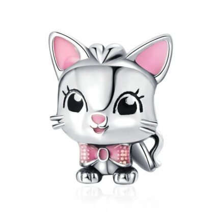 Silver Pink Bow Kitty Cat Charm