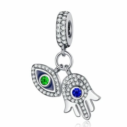 Silver Green Gem Eye Blue Gem Hamsa Hand Protective Charm