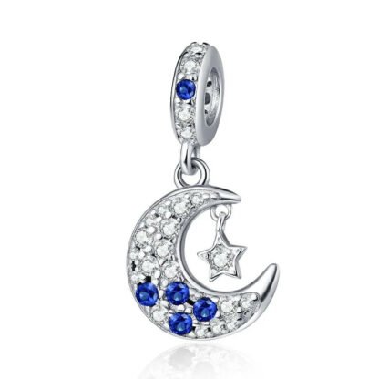 Silver Cosmic Blue Gems Crescent Moon Star Charm