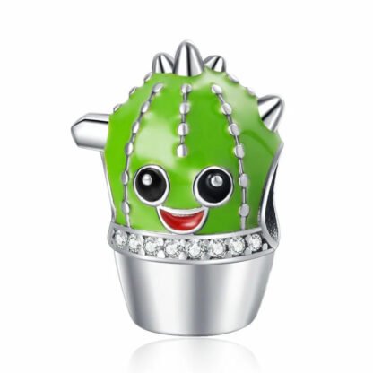 Silver Green Happy Smiling Cactus Charm