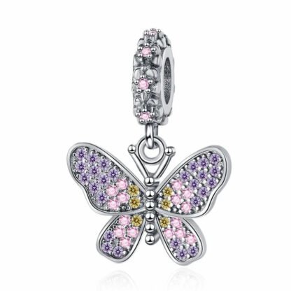 Silver Purple Pink Yellow Gems Butterfly Charm