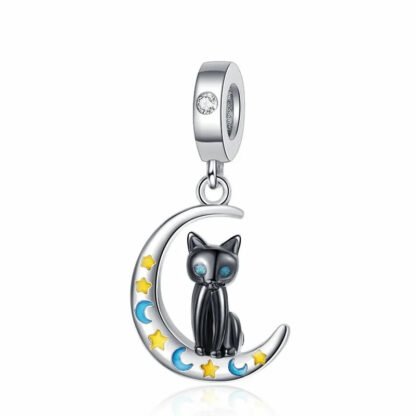 Silver Crescent Moon Black Cat Yellow Stars Charm