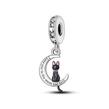 Silver Crescent Moon Black Cat Love Message Charm