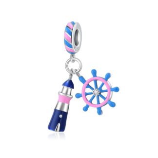 Silver Pink Blue Lighthouse and Wheel Ocean Charm