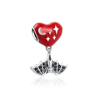 Silver Red Sparkles Heart Black Wing Bat Charm