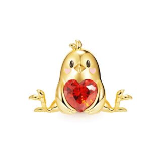 Golden Small Bird Holding Red Gem Heart Charm