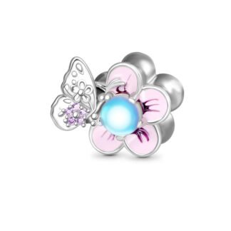 Silver Pearly Ornate Small Butterfly Pink Flower Charm