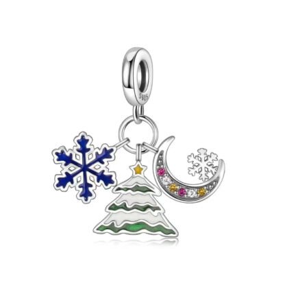 Silver Blue Snowflake Moon Snowy Pine Tree Winter Charm