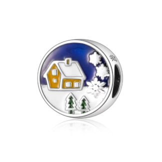 Silver Round Yellow House Christmas Blue Charm