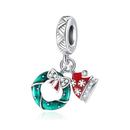 Silver Green Wreath Red Hat Winter Christmas Charm