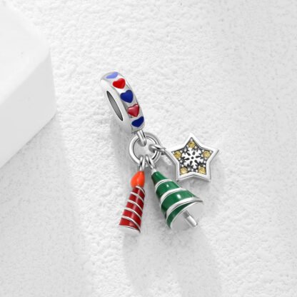 Silver Geometric Candle Pine Tree Star Christmas Charm - Image 2