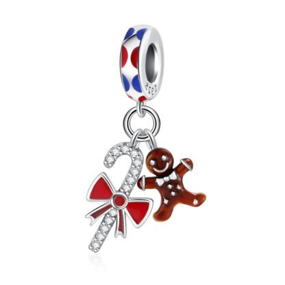 Silver Candy Cane Red Ribbon Gingerbread Man Christmas Charm