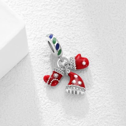 Silver Red Mitten Glove Sock Hat Christmas Charm - Image 2