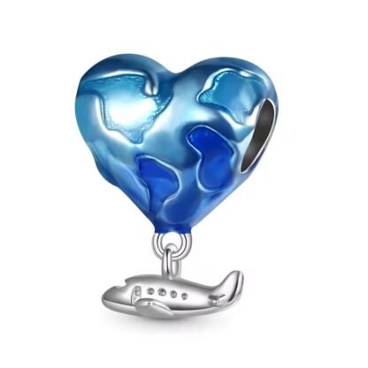 Silver Airplane Blue Earth Heart Charm