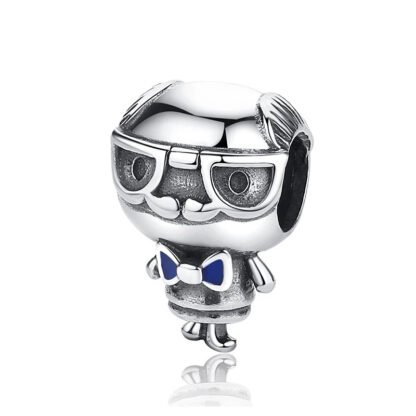 Silver Mustache Glasses Person Blue Bowtie Charm