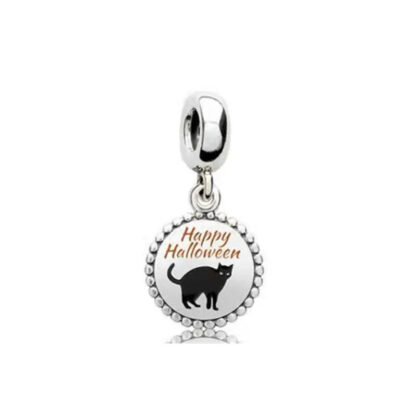 Silver Black Cat Happy Halloween Medal Charm