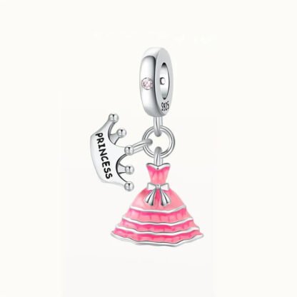Silver Princess Crown and Pink Gown Dress Charm