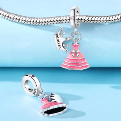 Silver Princess Crown and Pink Gown Dress Charm - Image 2