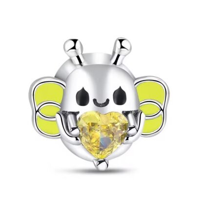 Silver Yellow Honey Bee Heart Gem Charm