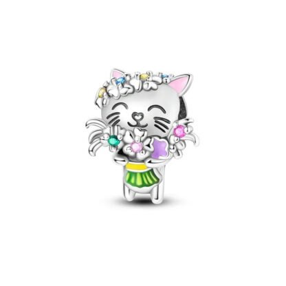 Silver Cheerful Kitty Cat Tropical Lei Charm
