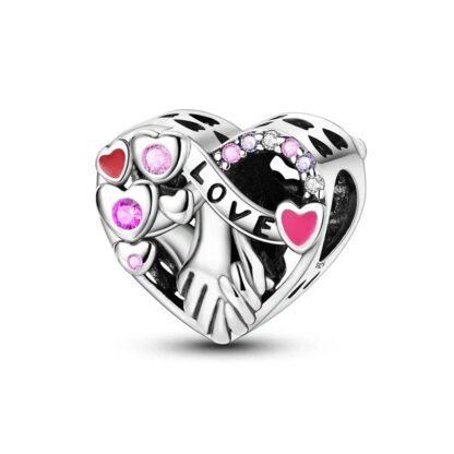 Silver Heart Holding Hands Pink Gems Charm