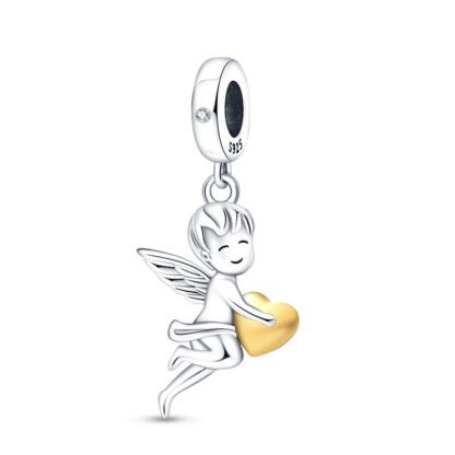 Silver Angel Boy Golden Heart Charm