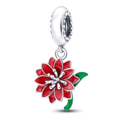 Silver Green Stalk Red Flower Charm
