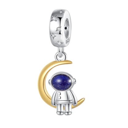 Silver Astronaut Sitting on Golden Moon Charm
