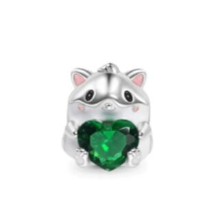 Silver Baby Raccoon Green Heart Gem Charm
