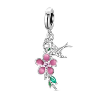 Silver Bird Flying Pink 5 Petals Flower Charm