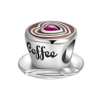 Silver Coffee Cup Pink Gem Heart Latte Art Charm