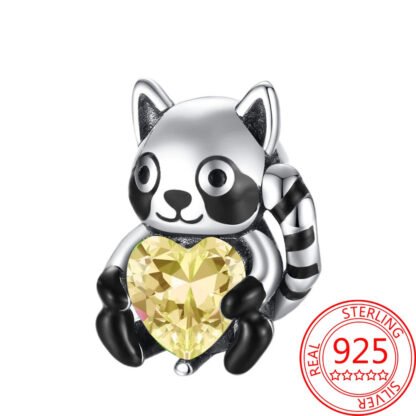 Silver Raccoon Holding Yellow Heart Gem Charm