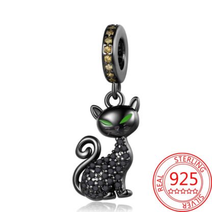 Silver Green Eyes Black Cat Sparkly Gems Charm
